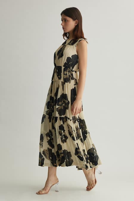 Shop_Koai_White Chiffon Round Neck Floral Tiered Midi Dress _Online_at_Aza_Fashions