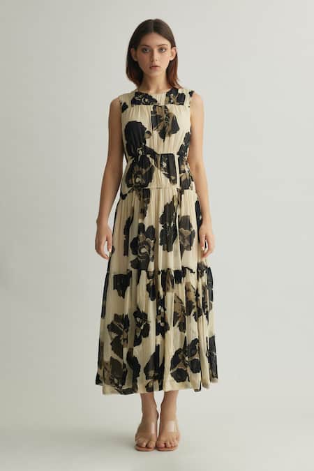 Koai_White Chiffon Round Neck Floral Tiered Midi Dress _at_Aza_Fashions