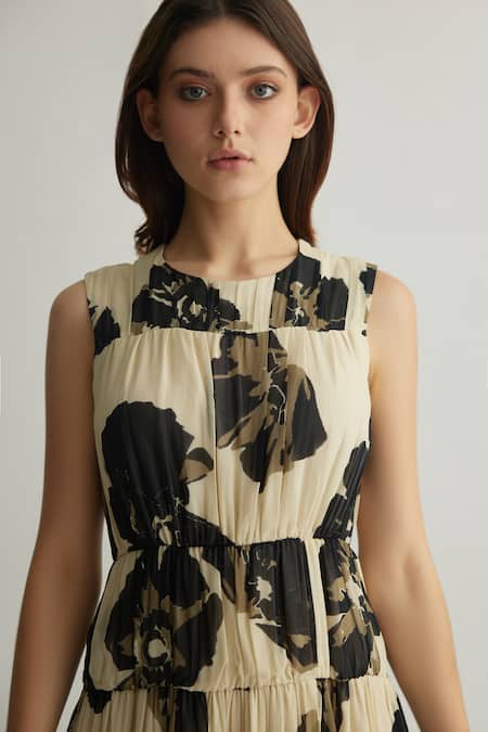 Buy_Koai_White Chiffon Round Neck Floral Tiered Midi Dress 