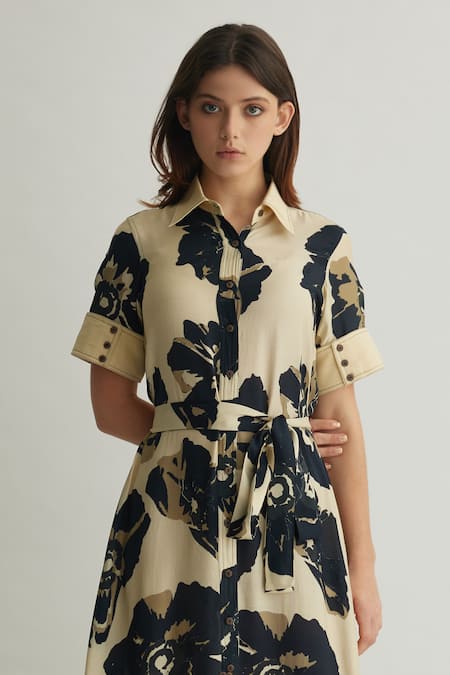 Shop_Koai_White Muslin Cotton Silk Print Floral Shirt Collar Dress _Online_at_Aza_Fashions