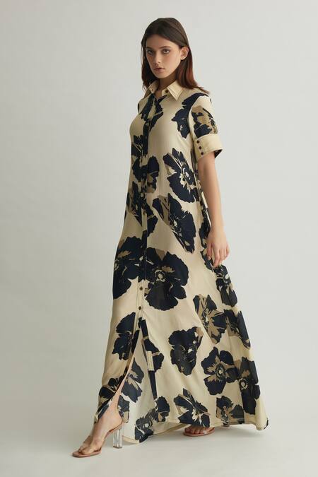 Koai_White Muslin Cotton Silk Print Floral Shirt Collar Dress _at_Aza_Fashions