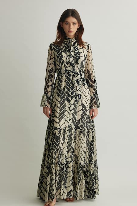 Koai Black Chevron Print Tiered Maxi Dress 
