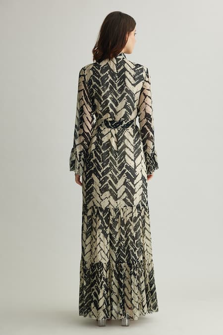 Shop Koai White Chiffon Open Neck Black Chevron Print Tiered Maxi Dress at Aza Fashions Shop_Koai_White Chiffon Open Neck Black Chevron Print Tiered Maxi Dress _at_Aza_Fashions