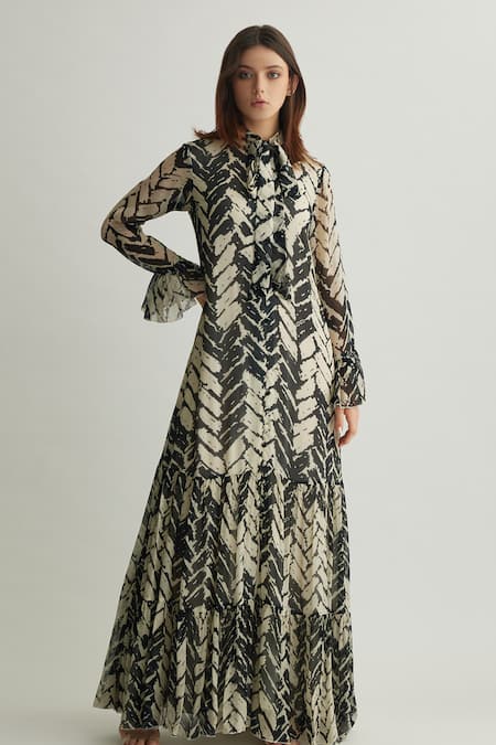Koai White Chiffon Open Neck Black Chevron Print Tiered Maxi Dress Online at Aza Fashions Koai_White Chiffon Open Neck Black Chevron Print Tiered Maxi Dress _Online_at_Aza_Fashions
