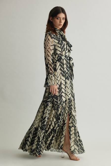 Shop Koai White Chiffon Open Neck Black Chevron Print Tiered Maxi Dress Online at Aza Fashions Shop_Koai_White Chiffon Open Neck Black Chevron Print Tiered Maxi Dress _Online_at_Aza_Fashions