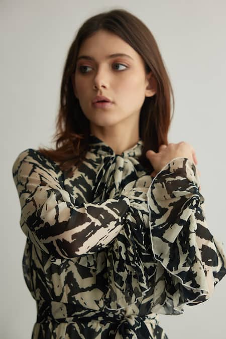 Koai White Chiffon Open Neck Black Chevron Print Tiered Maxi Dress at Aza Fashions Koai_White Chiffon Open Neck Black Chevron Print Tiered Maxi Dress _at_Aza_Fashions