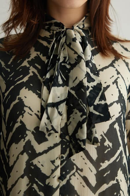 Buy Koai White Chiffon Open Neck Black Chevron Print Tiered Maxi Dress Buy_Koai_White Chiffon Open Neck Black Chevron Print Tiered Maxi Dress