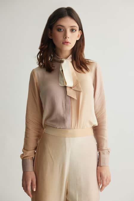 Koai_Beige Muslin, Cotton, Silk Ombre Tie-up Neck Shirt _Online_at_Aza_Fashions