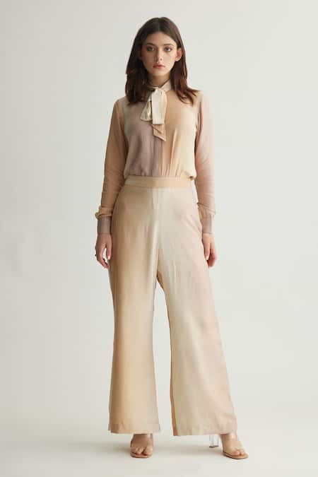 Buy_Koai_Beige Muslin, Cotton, Silk Ombre Tie-up Neck Shirt _Online_at_Aza_Fashions