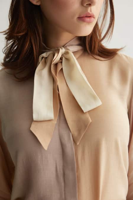 Shop_Koai_Beige Muslin, Cotton, Silk Ombre Tie-up Neck Shirt _Online_at_Aza_Fashions