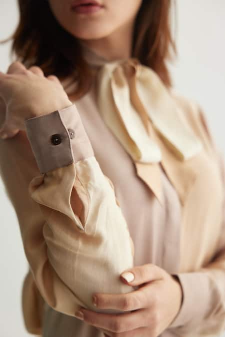 Koai_Beige Muslin, Cotton, Silk Ombre Tie-up Neck Shirt _at_Aza_Fashions