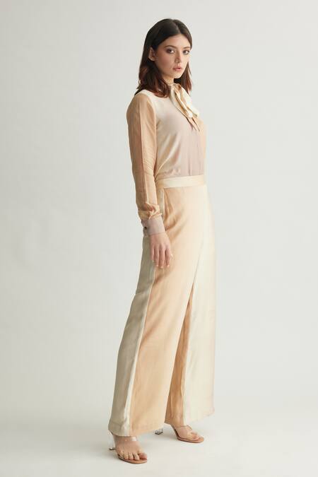 Shop_Koai_Beige Muslin, Cotton, Silk Ombre Trouser _Online_at_Aza_Fashions
