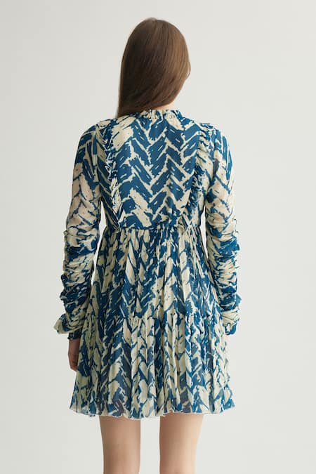 Shop Koai Blue Chiffon High Neck Chevron Print Short Dress at Aza Fashions Shop_Koai_Blue Chiffon High Neck Chevron Print Short Dress _at_Aza_Fashions