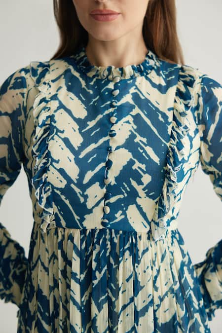 Koai Blue Chiffon High Neck Chevron Print Short Dress Online at Aza Fashions Koai_Blue Chiffon High Neck Chevron Print Short Dress _Online_at_Aza_Fashions