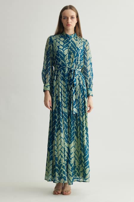 Koai_Blue Chiffon Collared Chevron Print Maxi Dress _Online_at_Aza_Fashions