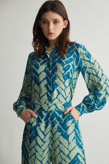 Shop Koai Blue Muslin, Cotton, Silk Collared Chevron Print Balloon Sleeve Shirt Online at Aza Fashions Shop_Koai_Blue Muslin, Cotton, Silk Collared Chevron Print Balloon Sleeve Shirt _Online_at_Aza_Fashions