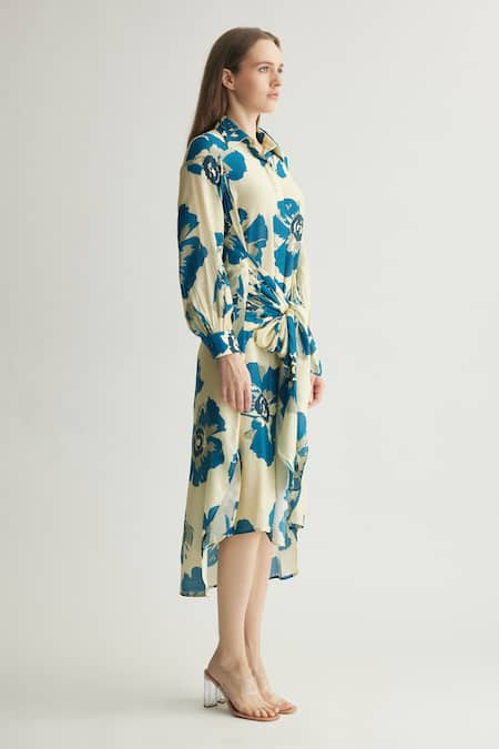 Buy_Koai_Blue Muslin, Cotton, Silk Embroidery Floral Print Balloon Sleeve Shirt Dress _Online_at_Aza_Fashions