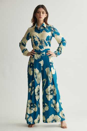 Koai_Blue Muslin, Cotton, Silk Collared And White Floral Print Shirt _Online_at_Aza_Fashions