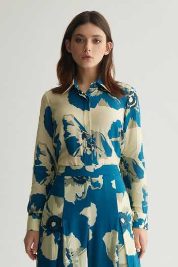 Shop_Koai_Blue Muslin, Cotton, Silk Collared And White Floral Print Shirt _Online_at_Aza_Fashions