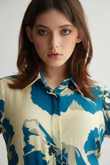 Koai_Blue Muslin, Cotton, Silk Collared And White Floral Print Shirt _at_Aza_Fashions