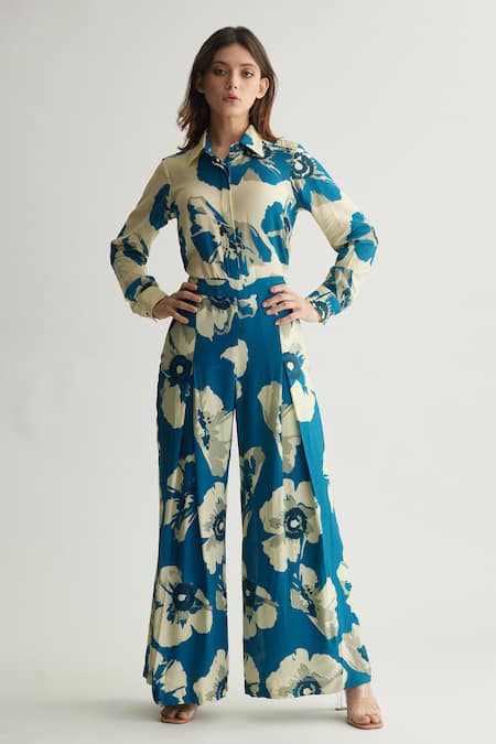 Koai Blue Muslin Cotton Silk Print Floral Flared Trouser 
