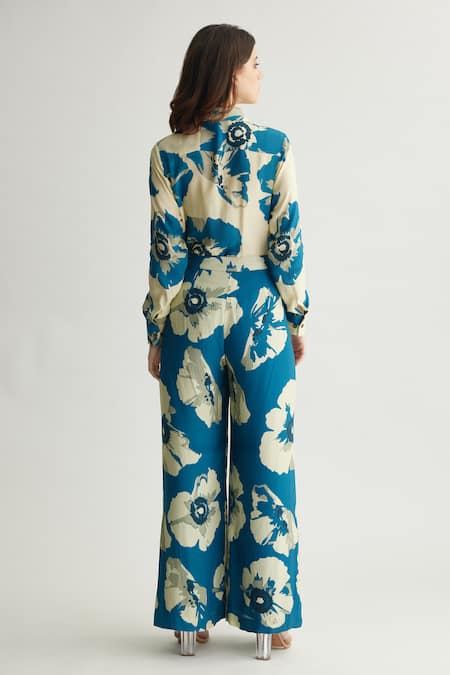 Shop Koai Blue Muslin, Cotton, Silk Floral Print Flared Trouser at Aza Fashions Shop_Koai_Blue Muslin, Cotton, Silk Floral Print Flared Trouser _at_Aza_Fashions