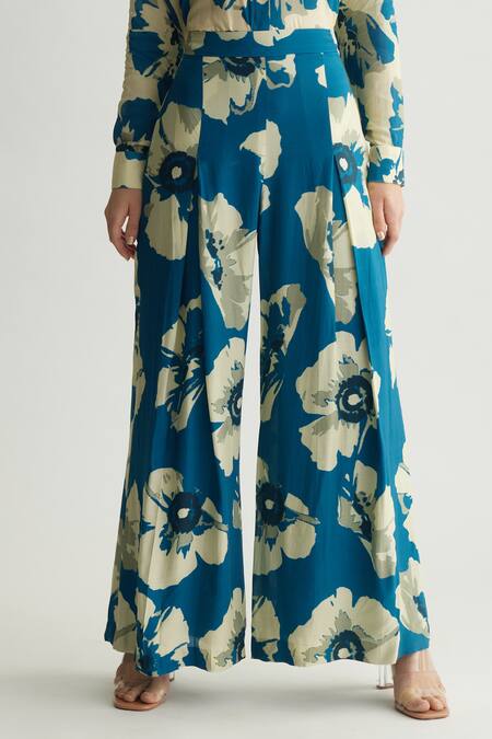 Koai Blue Muslin, Cotton, Silk Floral Print Flared Trouser at Aza Fashions Koai_Blue Muslin, Cotton, Silk Floral Print Flared Trouser _at_Aza_Fashions