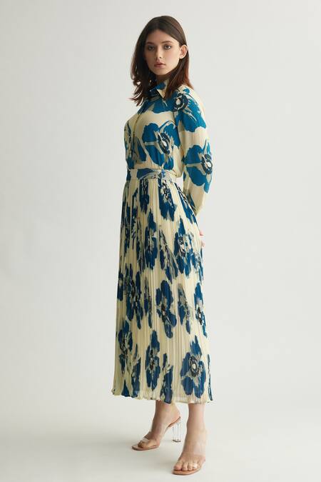 Koai Blue Georgette Floral Print Midi Skirt at Aza Fashions Koai_Blue Georgette Floral Print Midi Skirt _at_Aza_Fashions