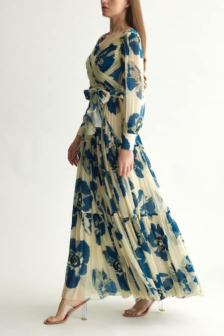 Koai_Blue Chiffon Sweetheart Neck Floral Print Maxi Dress With Balloon Sleeves _Online_at_Aza_Fashions