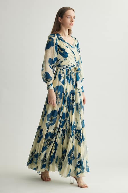 Buy_Koai_Blue Chiffon Sweetheart Neck Floral Print Maxi Dress With Balloon Sleeves _Online_at_Aza_Fashions