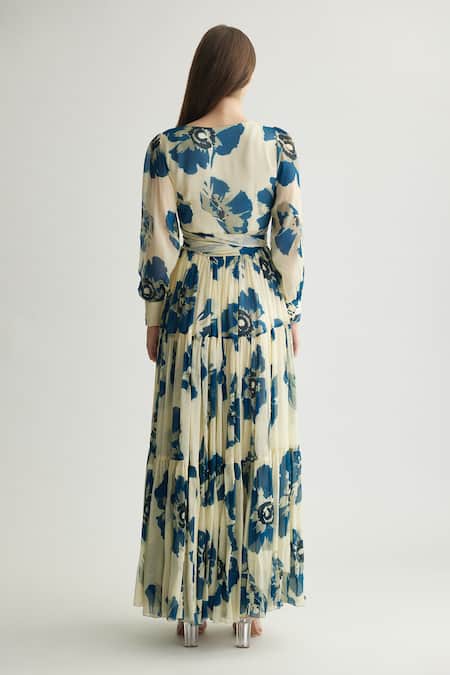 Koai_Blue Chiffon Sweetheart Neck Floral Print Maxi Dress With Balloon Sleeves _at_Aza_Fashions