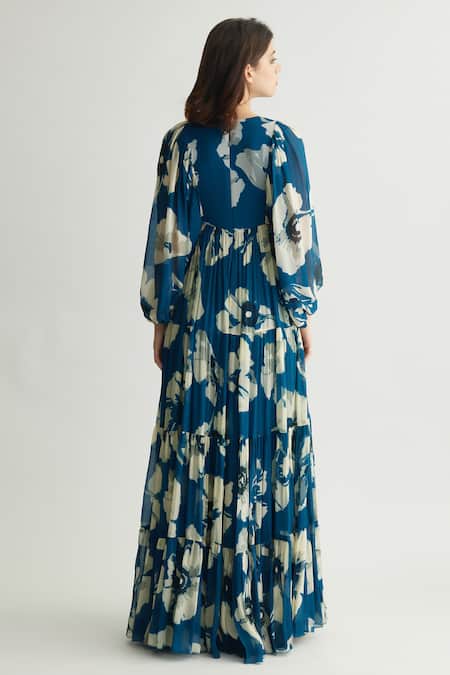 Shop Koai Blue Chiffon V-neck Iris Bloom Print Maxi Dress at Aza Fashions Shop_Koai_Blue Chiffon V-neck Iris Bloom Print Maxi Dress _at_Aza_Fashions