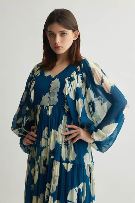 Koai Blue Chiffon V-neck Iris Bloom Print Maxi Dress Online at Aza Fashions Koai_Blue Chiffon V-neck Iris Bloom Print Maxi Dress _Online_at_Aza_Fashions