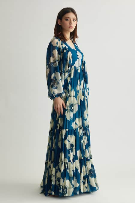 Shop Koai Blue Chiffon V-neck Iris Bloom Print Maxi Dress Online at Aza Fashions Shop_Koai_Blue Chiffon V-neck Iris Bloom Print Maxi Dress _Online_at_Aza_Fashions
