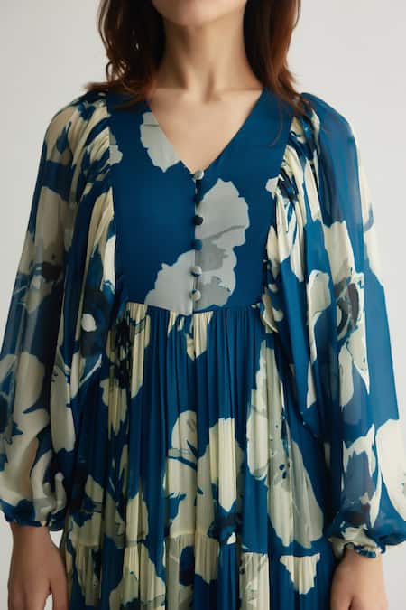 Koai Blue Chiffon V-neck Iris Bloom Print Maxi Dress at Aza Fashions Koai_Blue Chiffon V-neck Iris Bloom Print Maxi Dress _at_Aza_Fashions