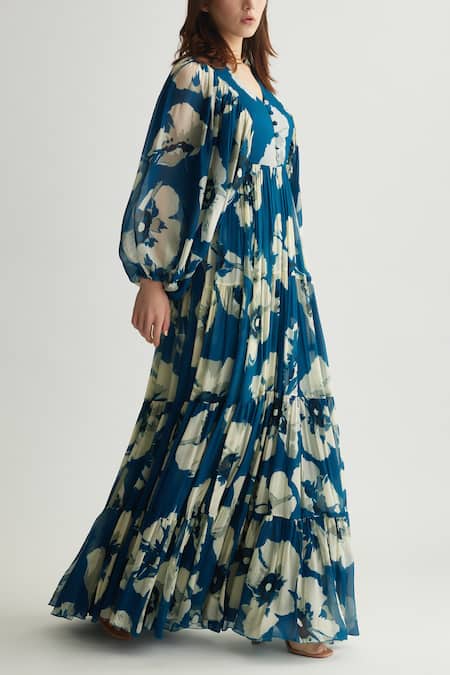 Buy Koai Blue Chiffon V-neck Iris Bloom Print Maxi Dress Buy_Koai_Blue Chiffon V-neck Iris Bloom Print Maxi Dress