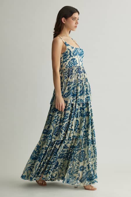 Koai_Blue Chiffon Embroidery Round Neck And White Ambrosia Print Maxi Dress _Online_at_Aza_Fashions