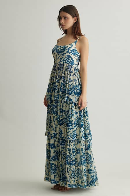 Buy_Koai_Blue Chiffon Embroidery Round Neck And White Ambrosia Print Maxi Dress _Online_at_Aza_Fashions