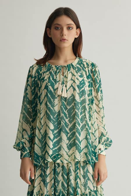 Shop_KoAi_Beige Georgette Print Chevron Round Neck Balloon Sleeve Top _Online_at_Aza_Fashions