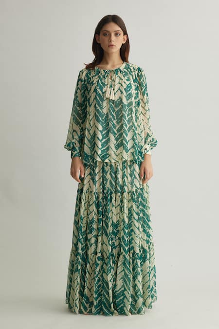 Koai Beige Georgette Chevron Print Long Skirt Online at Aza Fashions Koai_Beige Georgette Chevron Print Long Skirt _Online_at_Aza_Fashions