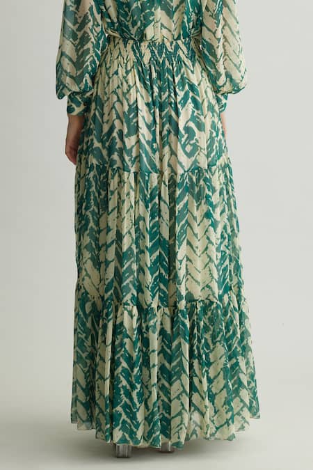 Koai Beige Georgette Chevron Print Long Skirt at Aza Fashions Koai_Beige Georgette Chevron Print Long Skirt _at_Aza_Fashions