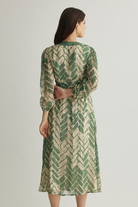 Shop Koai Beige Chiffon V-neck Green And Chevron Wrap Midi Dress at Aza Fashions Shop_Koai_Beige Chiffon V-neck Green And Chevron Wrap Midi Dress _at_Aza_Fashions