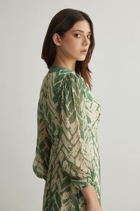 Koai Beige Chiffon V-neck Green And Chevron Wrap Midi Dress Online at Aza Fashions Koai_Beige Chiffon V-neck Green And Chevron Wrap Midi Dress _Online_at_Aza_Fashions