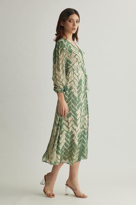 Buy Koai Beige Chiffon V-neck Green And Chevron Wrap Midi Dress Online at Aza Fashions Buy_Koai_Beige Chiffon V-neck Green And Chevron Wrap Midi Dress _Online_at_Aza_Fashions