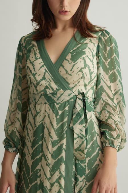 Shop Koai Beige Chiffon V-neck Green And Chevron Wrap Midi Dress Online at Aza Fashions Shop_Koai_Beige Chiffon V-neck Green And Chevron Wrap Midi Dress _Online_at_Aza_Fashions