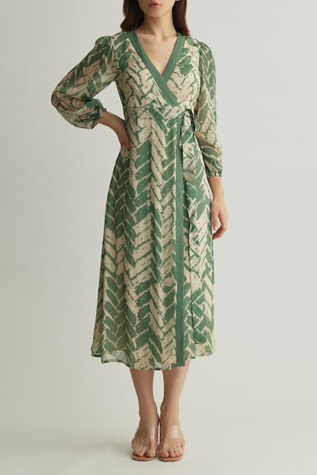 Buy Koai Beige Chiffon V-neck Green And Chevron Wrap Midi Dress Buy_Koai_Beige Chiffon V-neck Green And Chevron Wrap Midi Dress