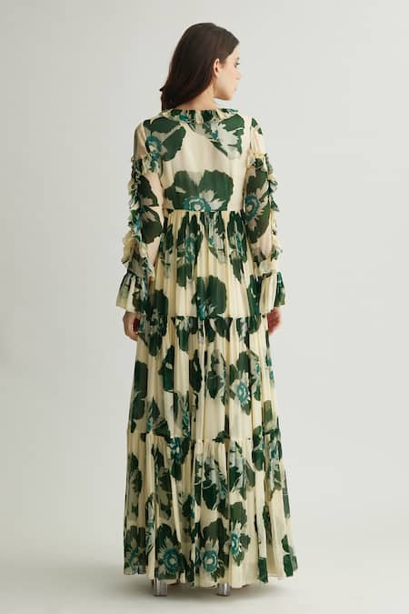 Shop Koai Beige Chiffon Ruffles V-neck Floral Print Maxi Dress at Aza Fashions Shop_Koai_Beige Chiffon Ruffles V-neck Floral Print Maxi Dress _at_Aza_Fashions