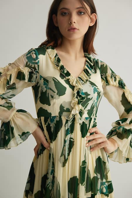 Buy Koai Beige Chiffon Ruffles V-neck Floral Print Maxi Dress Online at Aza Fashions Buy_Koai_Beige Chiffon Ruffles V-neck Floral Print Maxi Dress _Online_at_Aza_Fashions