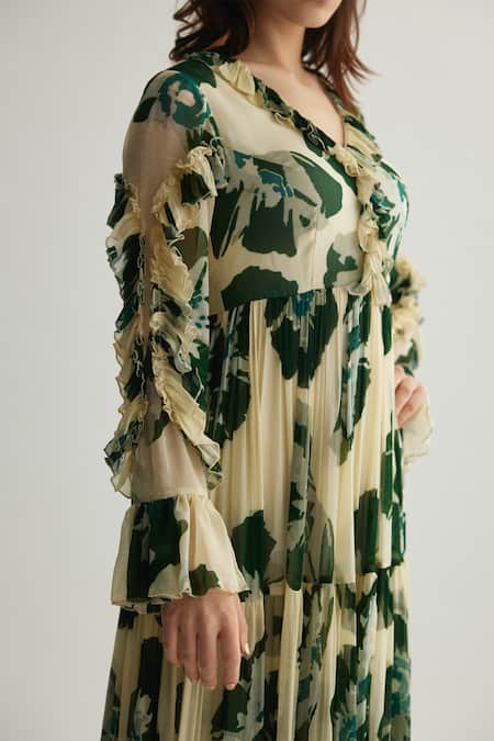 Shop Koai Beige Chiffon Ruffles V-neck Floral Print Maxi Dress Online at Aza Fashions Shop_Koai_Beige Chiffon Ruffles V-neck Floral Print Maxi Dress _Online_at_Aza_Fashions
