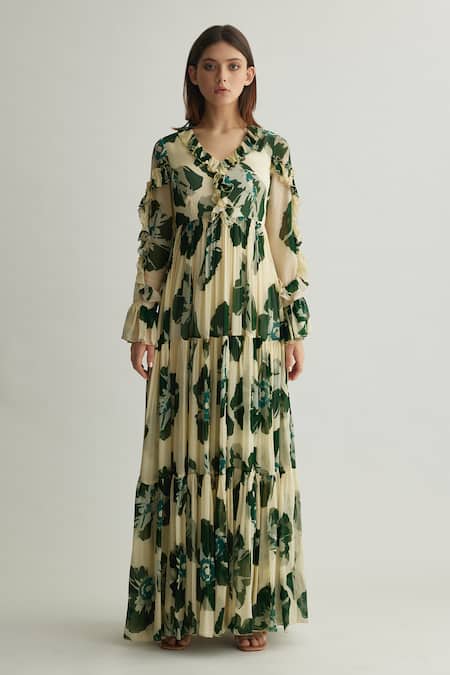 Koai Beige Chiffon Ruffles V-neck Floral Print Maxi Dress at Aza Fashions Koai_Beige Chiffon Ruffles V-neck Floral Print Maxi Dress _at_Aza_Fashions